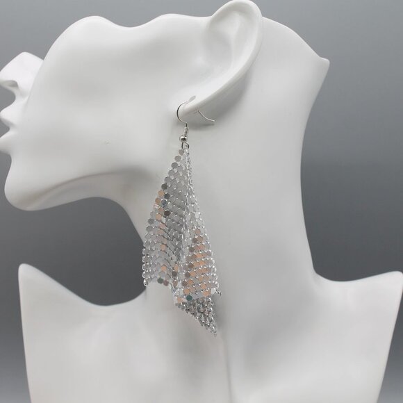 Jewelry earrings mesh statement party occasional drop dangle large silver tone - Picture 10 of 11